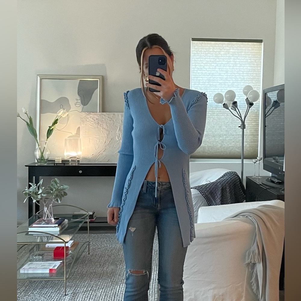 NWT find me now long blue tie sweater/cardigan with ruffles